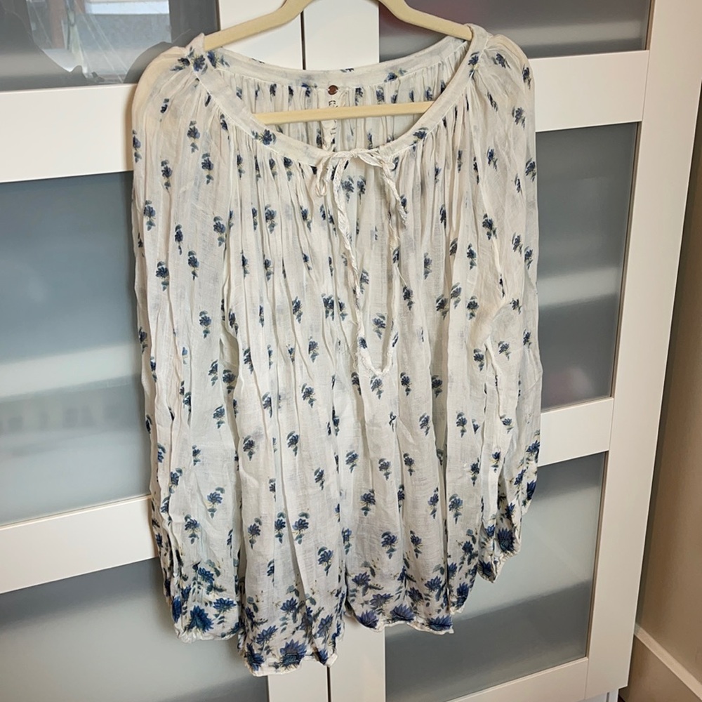 Free People White and Blue Pleated Blouse